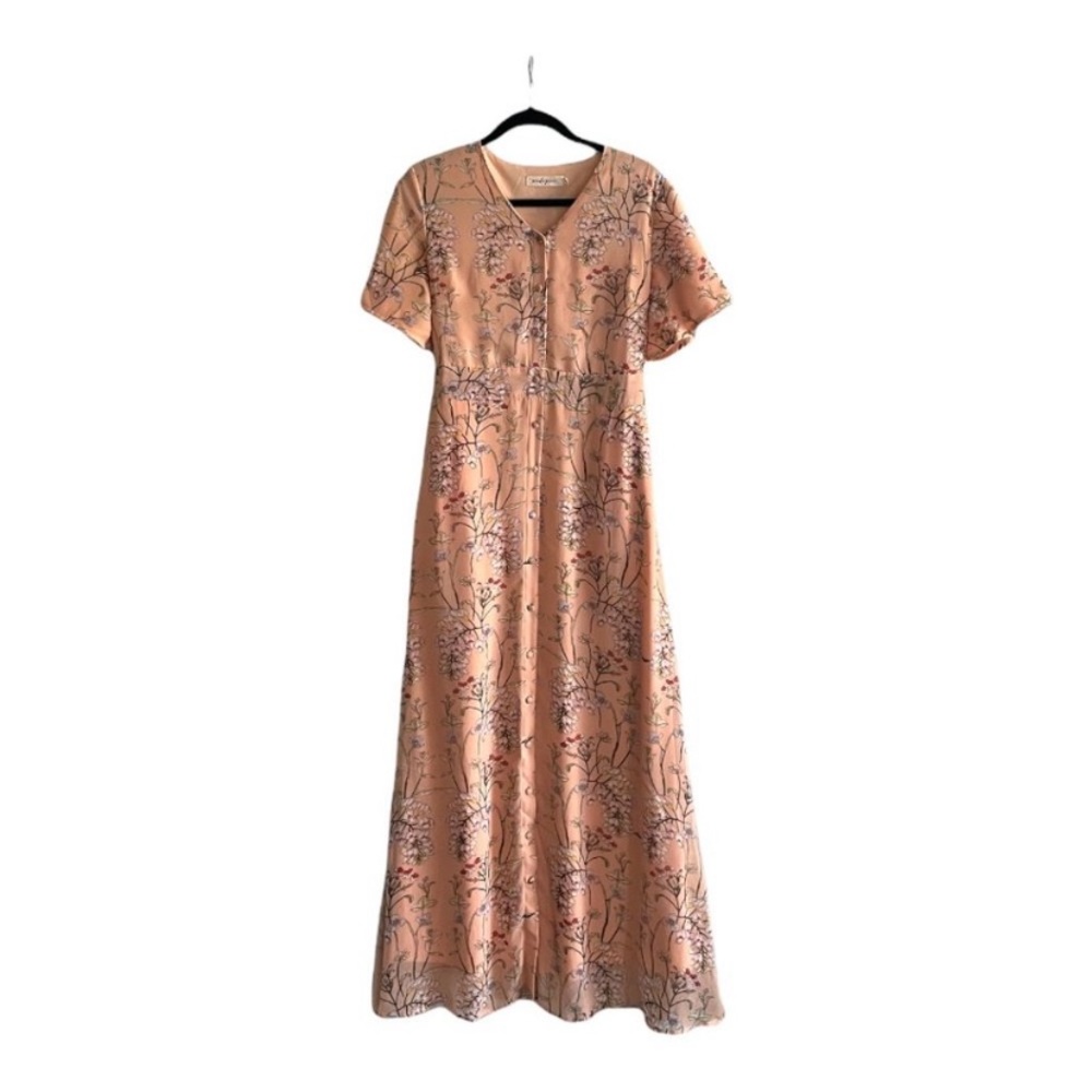 Pando Grove by Roolee Peach Floral Front Button Maxi Dress Front Pockets Medium